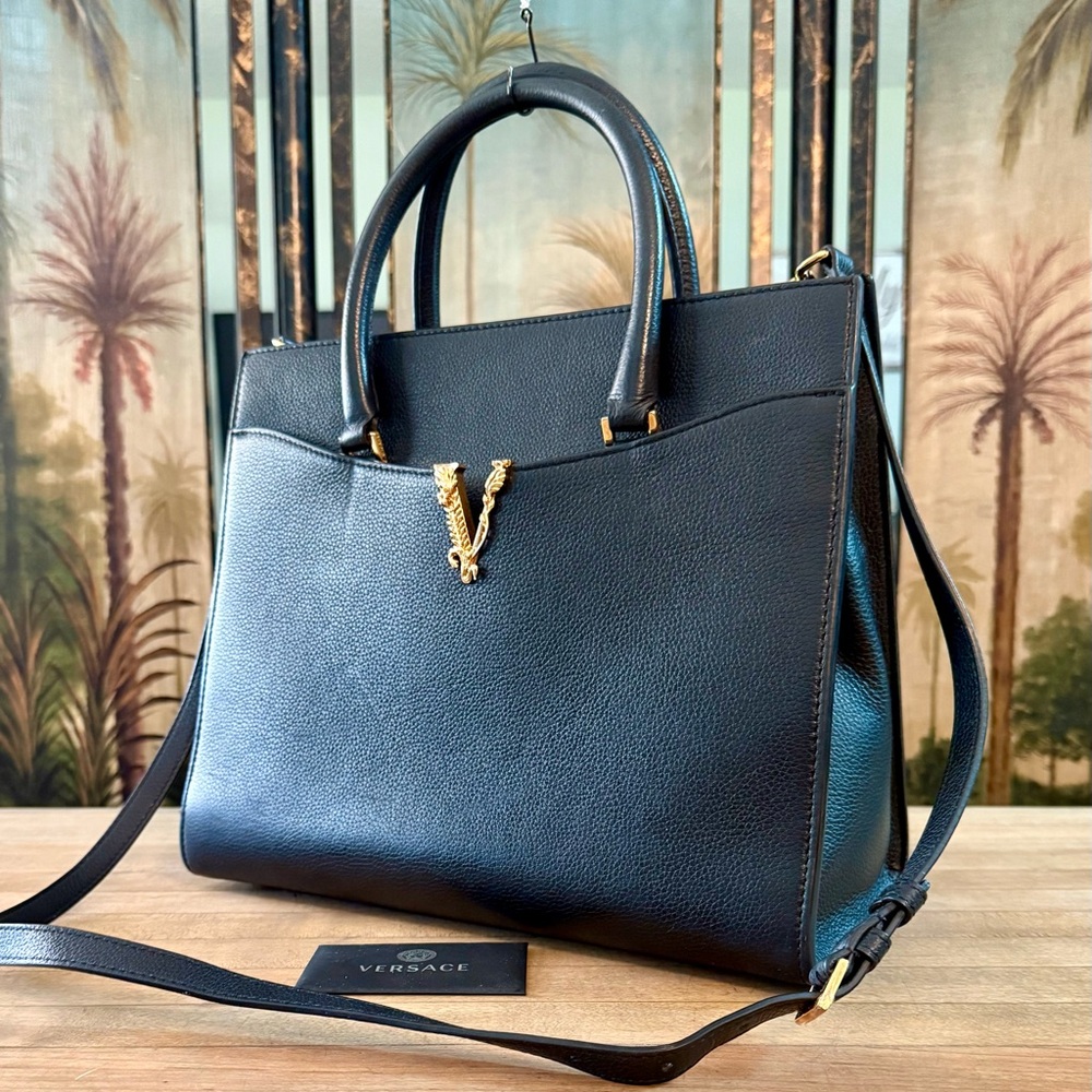 Versace Black Grained Calfskin Leather Virtus Satchel Top Handle Bag Tote Purse - Picture 3 of 15